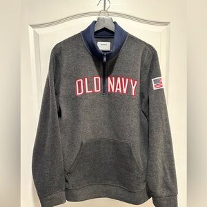 Old Navy USA Flag 1/4 Zip Gray & Blue Fleece Pullover Sweater, Size: Large